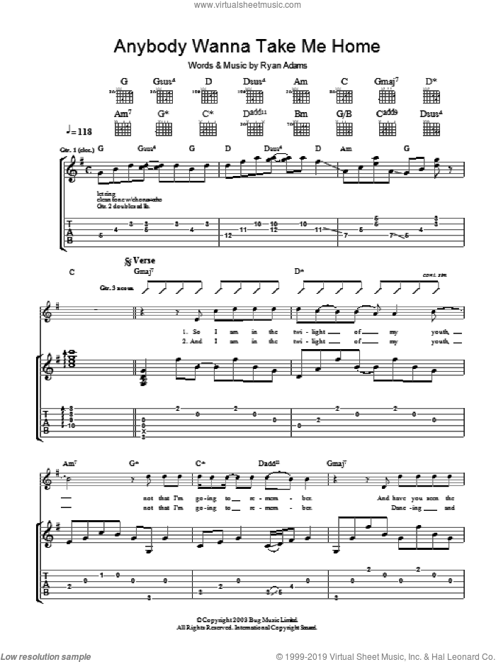 Anybody Wanna Take Me Home sheet music for guitar (tablature) by Ryan Adams, intermediate skill level
