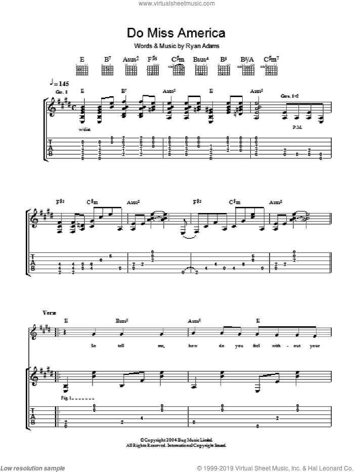 Do Miss America sheet music for guitar (tablature) by Ryan Adams, intermediate skill level