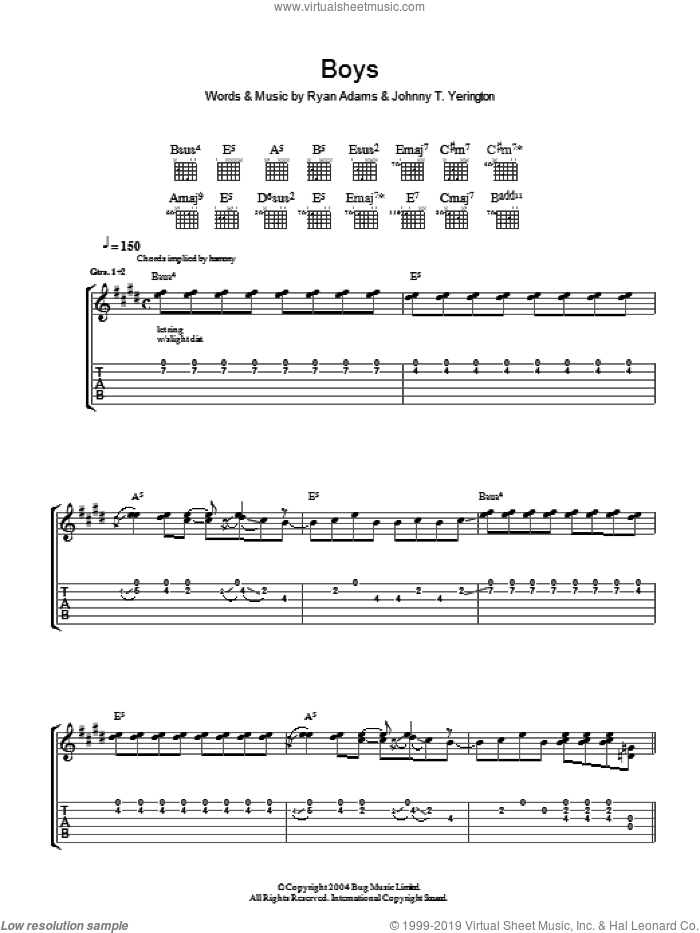 Boys sheet music for guitar (tablature) by Ryan Adams and Johnny T. Yerington, intermediate skill level