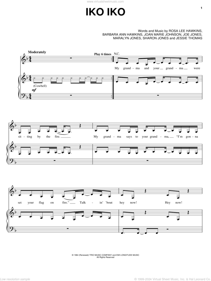 Iko Iko sheet music for voice, piano or guitar by The Dixie Cups, Dr. John, Barbara Ann Hawkins, Joan Marie Johnson and Rosa Lee Hawkins, intermediate skill level