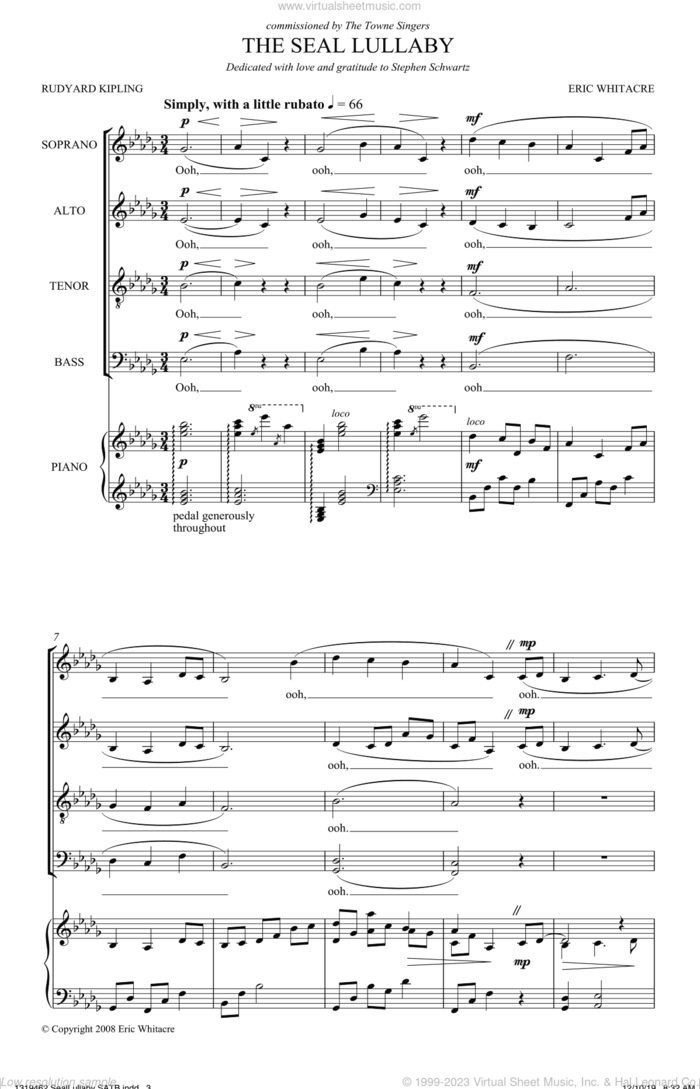 The Seal Lullaby sheet music for choir (SATB: soprano, alto, tenor, bass) by Eric Whitacre and Rudyard Kipling, intermediate skill level