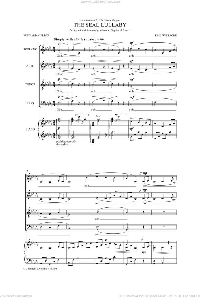 The Seal Lullaby sheet music for choir (SATB: soprano, alto, tenor, bass) by Eric Whitacre and Rudyard Kipling, intermediate skill level