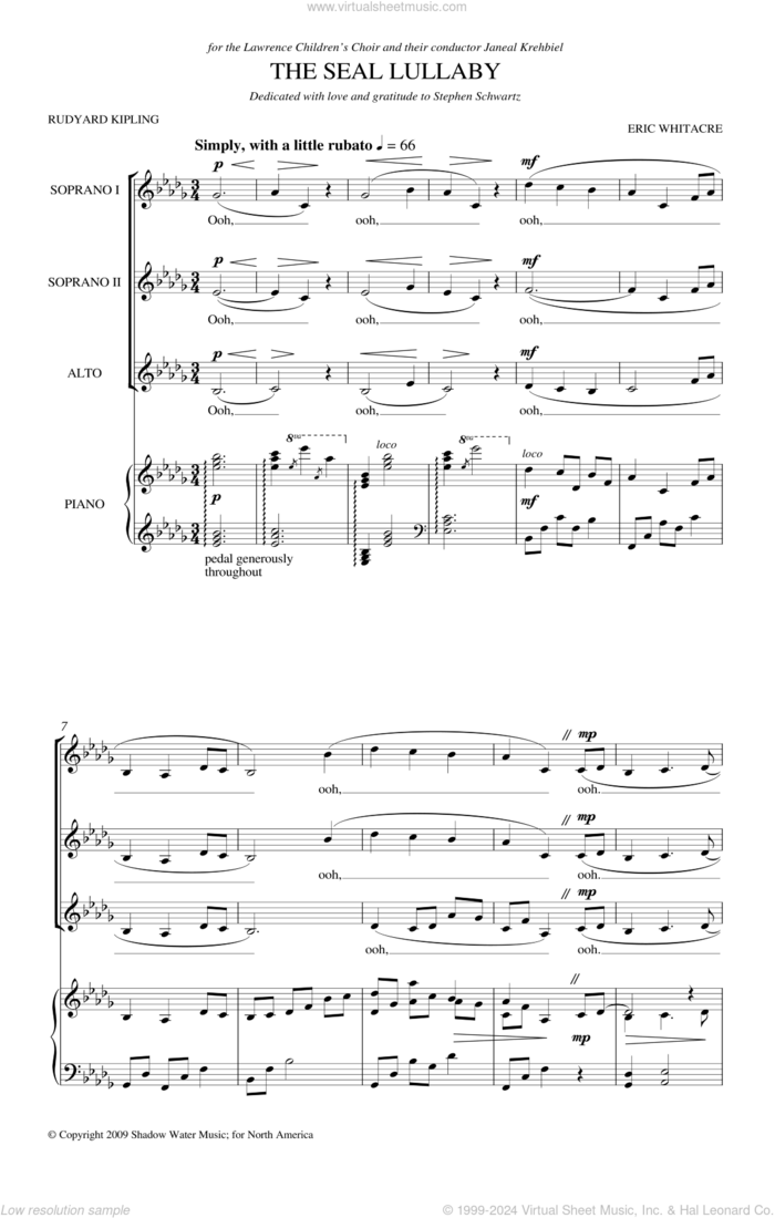 The Seal Lullaby sheet music for choir (SSA: soprano, alto) by Eric Whitacre and Rudyard Kipling, intermediate skill level