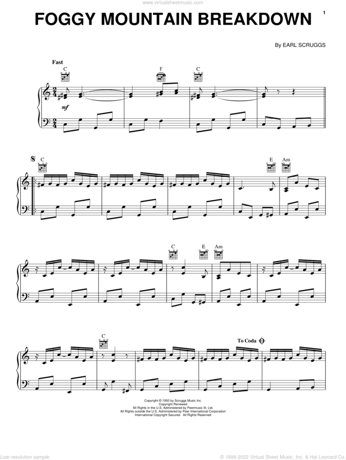 Foggy Mountain Breakdown sheet music for piano solo by Lester Flatt & Earl Scruggs and Earl Scruggs, intermediate skill level