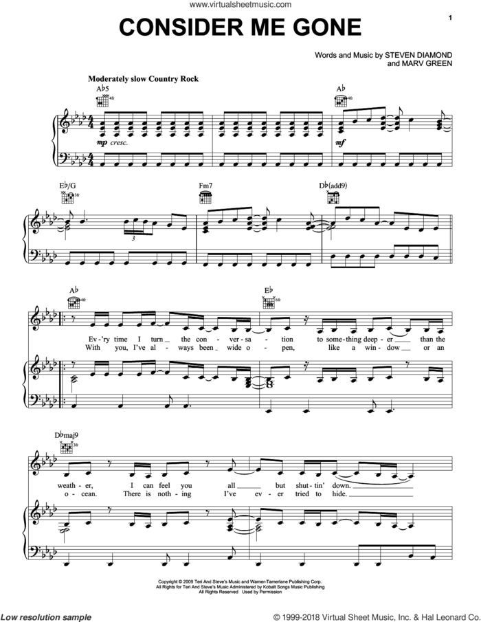 Consider Me Gone sheet music for voice, piano or guitar by Reba McEntire, Marv Green and Steve Diamond, intermediate skill level