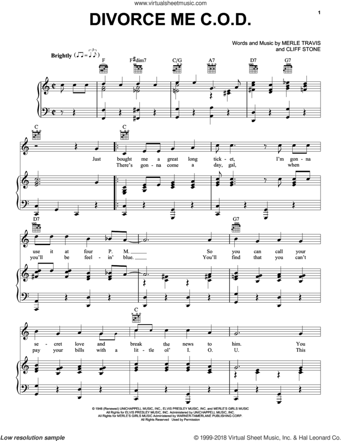 Divorce Me C.O.D. sheet music for voice, piano or guitar by Cliff Stone and Merle Travis, intermediate skill level