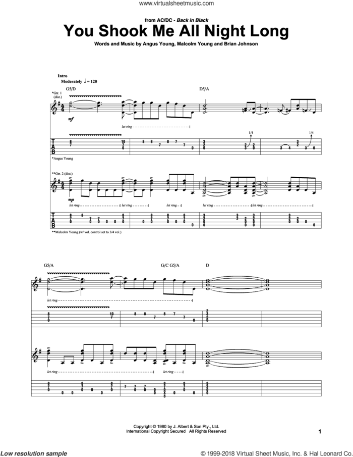 You Shook Me All Night Long sheet music for guitar (tablature) by AC/DC, Angus Young, Brian Johnson and Malcolm Young, intermediate skill level