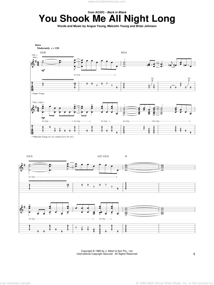 You Shook Me All Night Long sheet music for guitar (tablature) by AC/DC, Angus Young, Brian Johnson and Malcolm Young, intermediate skill level