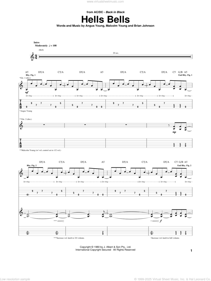 Hells Bells sheet music for guitar (tablature) by AC/DC, Angus Young, Brian Johnson and Malcolm Young, intermediate skill level