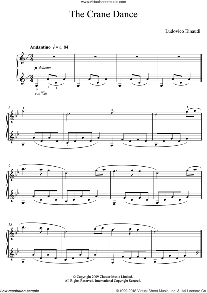 The Crane Dance sheet music for piano solo (elementary) by Ludovico Einaudi, classical score, beginner piano (elementary)