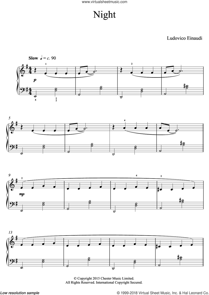 Night sheet music for piano solo (elementary) by Ludovico Einaudi, classical score, beginner piano (elementary)