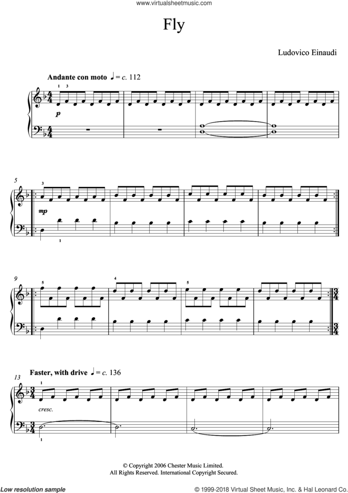 Fly sheet music for piano solo (elementary) by Ludovico Einaudi, classical score, beginner piano (elementary)