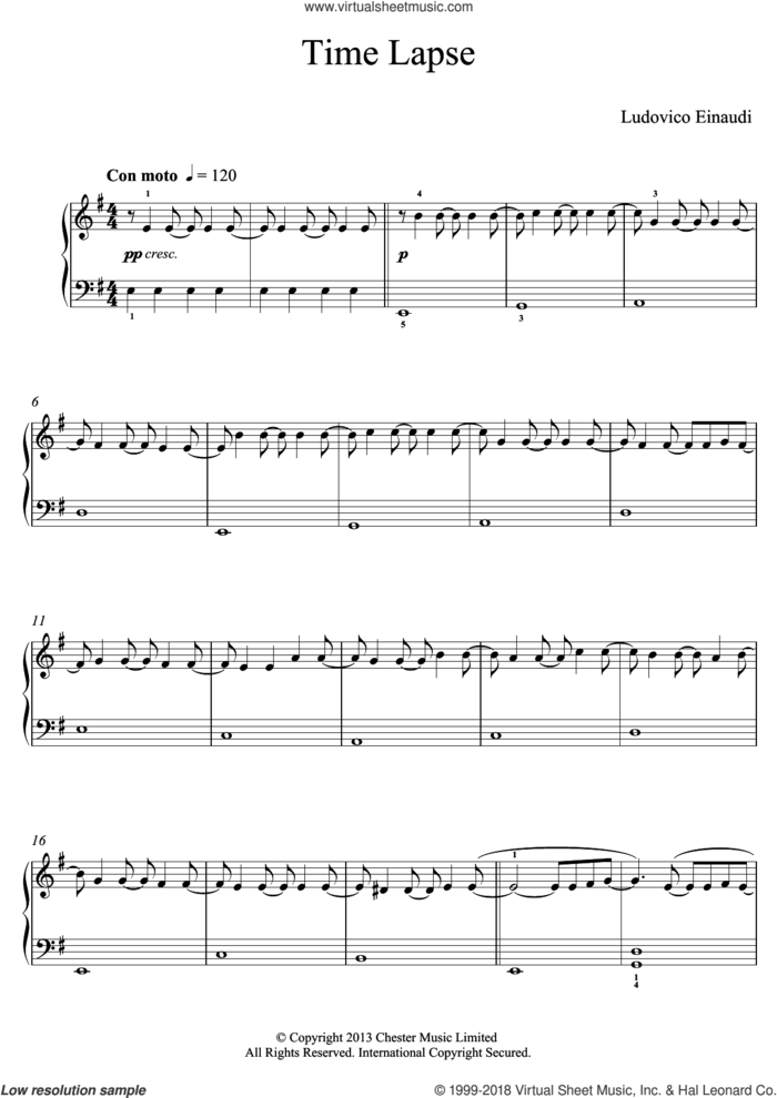 Time Lapse sheet music for piano solo (elementary) by Ludovico Einaudi, classical score, beginner piano (elementary)