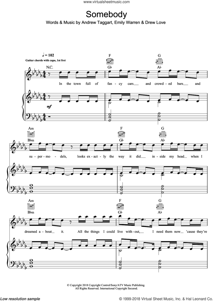 Somebody sheet music for voice, piano or guitar by The Chainsmokers, Andrew Taggart, Drew Love and Emily Warren, intermediate skill level