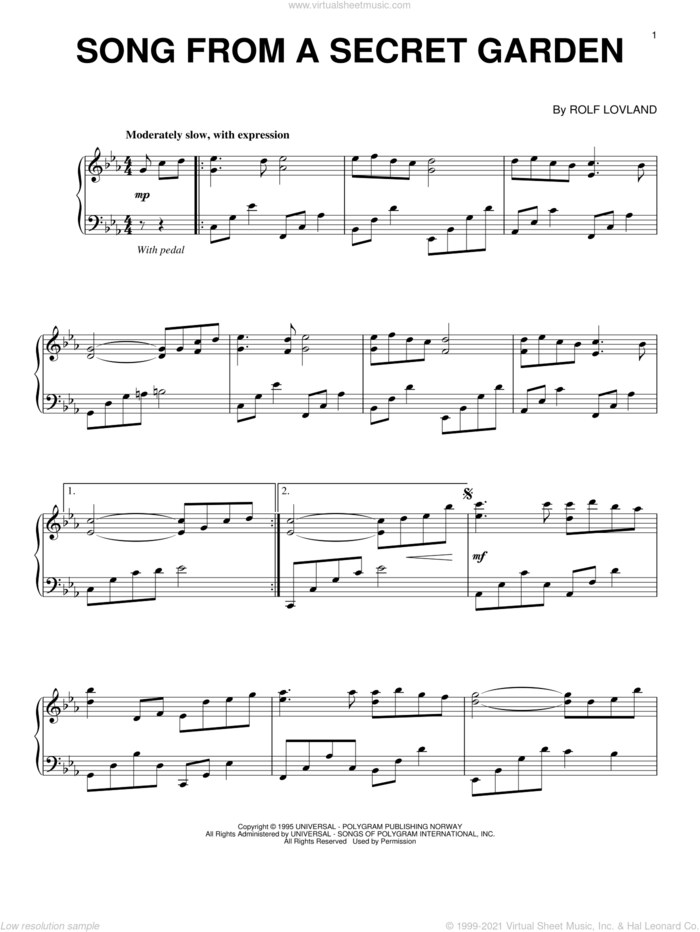 Song From A Secret Garden, (intermediate) sheet music for piano solo by Secret Garden and Rolf LAuvland, intermediate skill level
