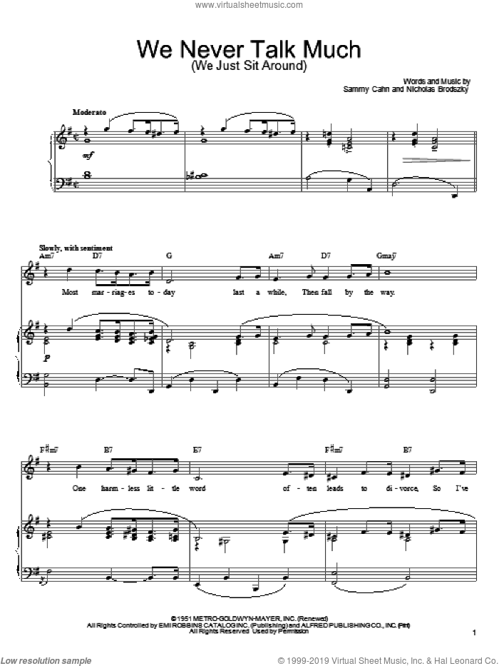 We Never Talk Much (We Just Sit Around) sheet music for voice, piano or guitar by Sammy Cahn and Nicholas Brodszky, intermediate skill level