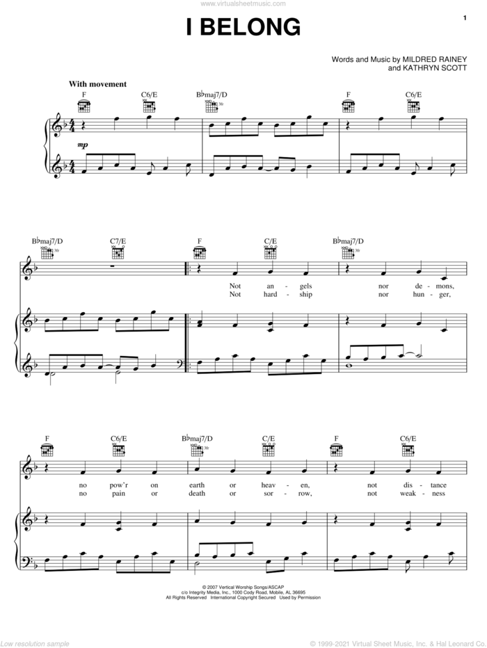 I Belong sheet music for voice, piano or guitar by Kathryn Scott and Mildred Rainey, intermediate skill level