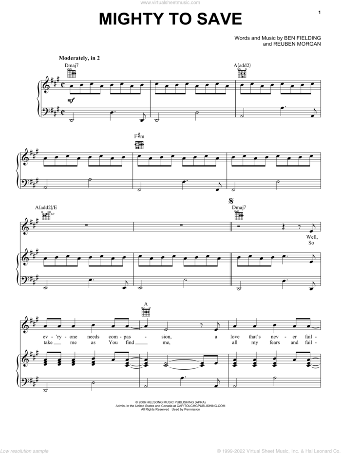 Mighty To Save sheet music for voice, piano or guitar by Hillsong, Ben Fielding and Reuben Morgan, intermediate skill level