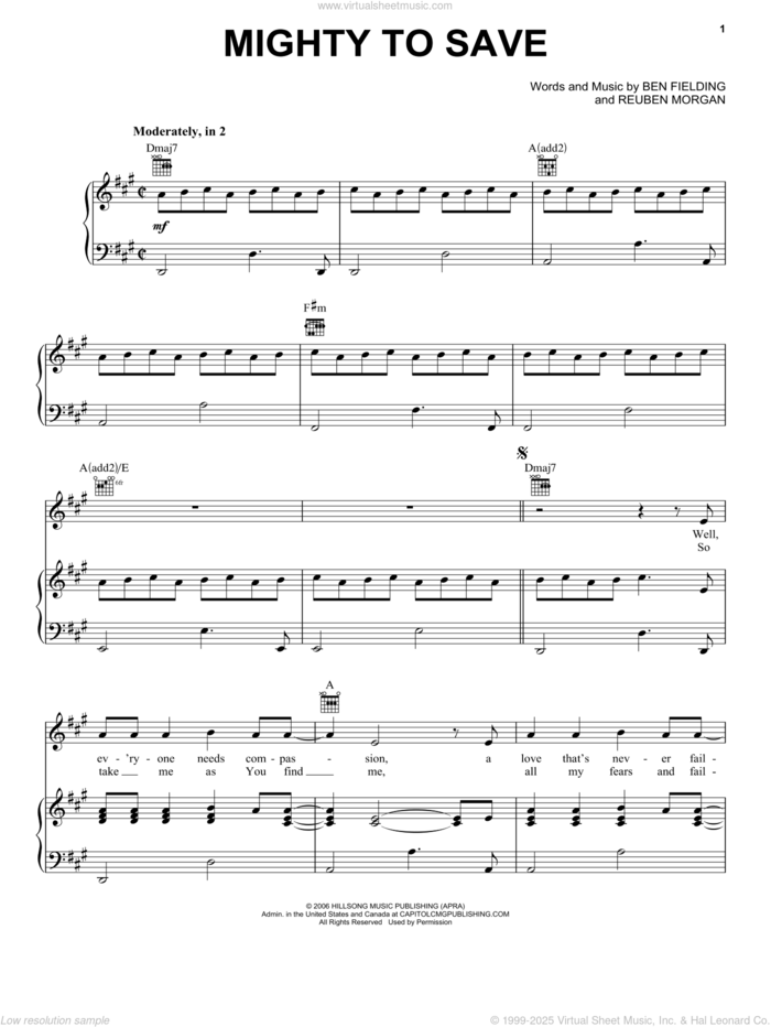 Mighty To Save sheet music for voice, piano or guitar by Hillsong, Ben Fielding and Reuben Morgan, intermediate skill level