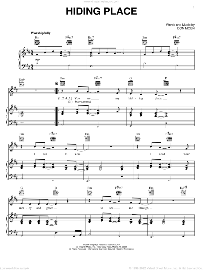 Hiding Place sheet music for voice, piano or guitar by Don Moen, intermediate skill level