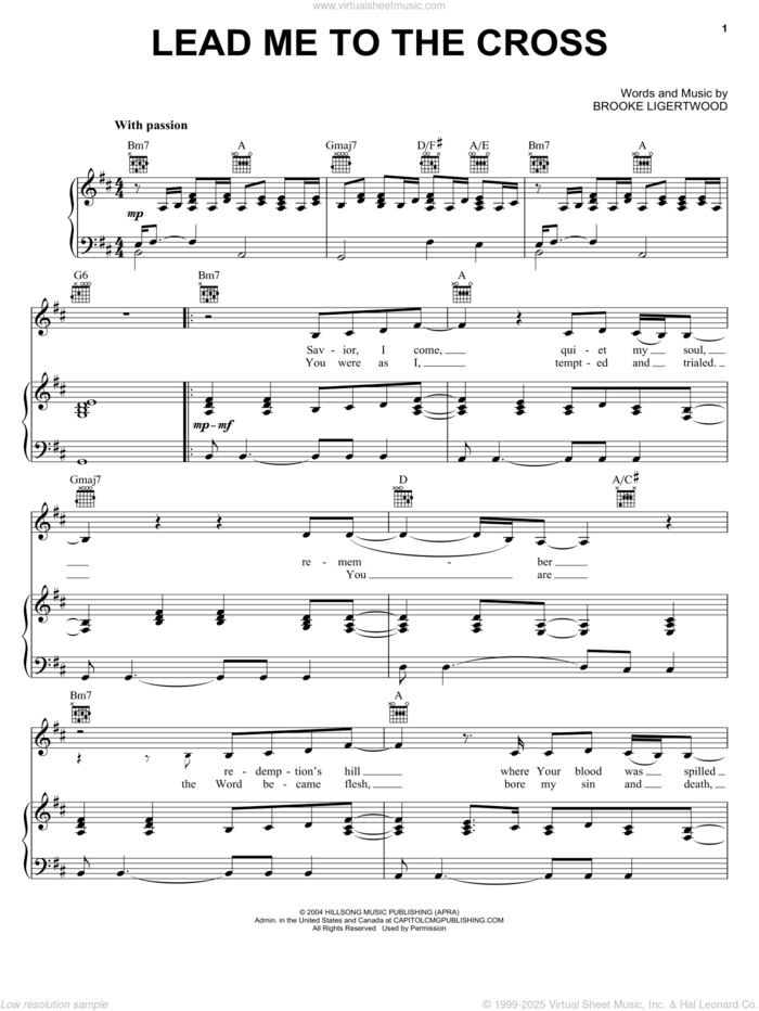 Lead Me To The Cross sheet music for voice, piano or guitar by Hillsong United and Brooke Fraser, intermediate skill level