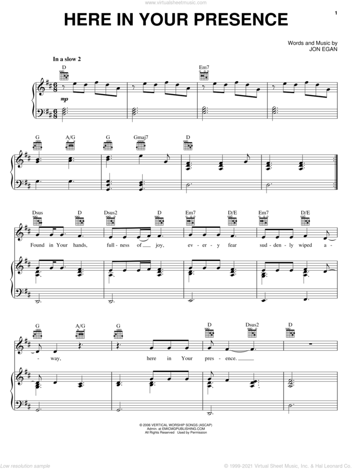 Here In Your Presence sheet music for voice, piano or guitar by New Life Worship and Jon Egan, intermediate skill level