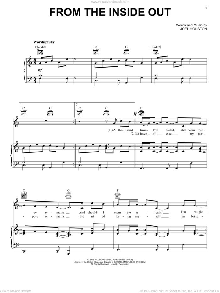 From The Inside Out sheet music for voice, piano or guitar by Hillsong United and Joel Houston, intermediate skill level