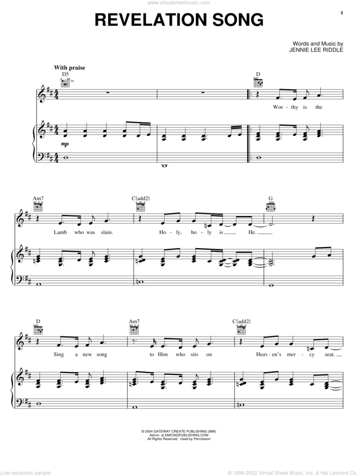 Revelation Song sheet music for voice, piano or guitar by Gateway Worship and Jennie Lee Riddle, intermediate skill level