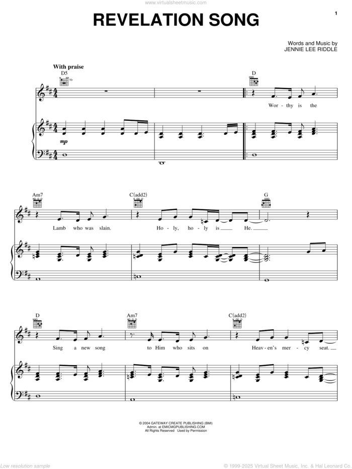 Revelation Song sheet music for voice, piano or guitar by Gateway Worship and Jennie Lee Riddle, intermediate skill level