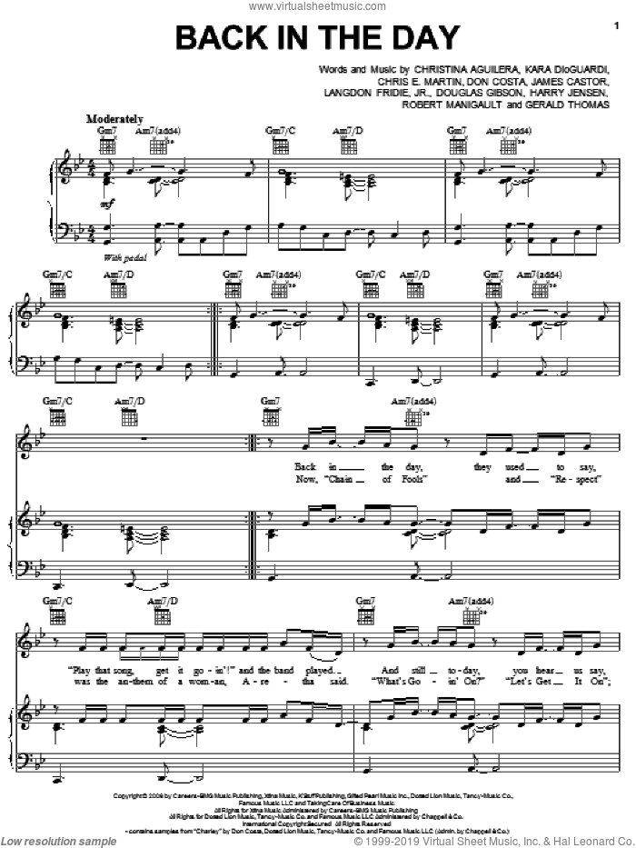 Back In The Day sheet music for voice, piano or guitar by Christina Aguilera, Chris E. Martin, Don Costa, Douglas Gibson, Gerald Thomas, Harry Jensen, James Castor, Kara DioGuardi, Langdon Fridie, Jr. and Robert Manigault, intermediate skill level