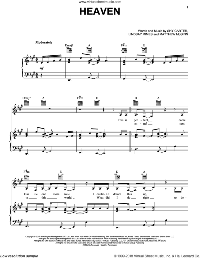Heaven sheet music for voice, piano or guitar by Kane Brown, Lindsay Rimes, Matthew McGinn and Shy Carter, intermediate skill level