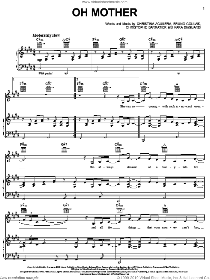 Oh Mother sheet music for voice, piano or guitar by Christina Aguilera, Bruno Coulais, Christophe Barratier and Kara DioGuardi, intermediate skill level