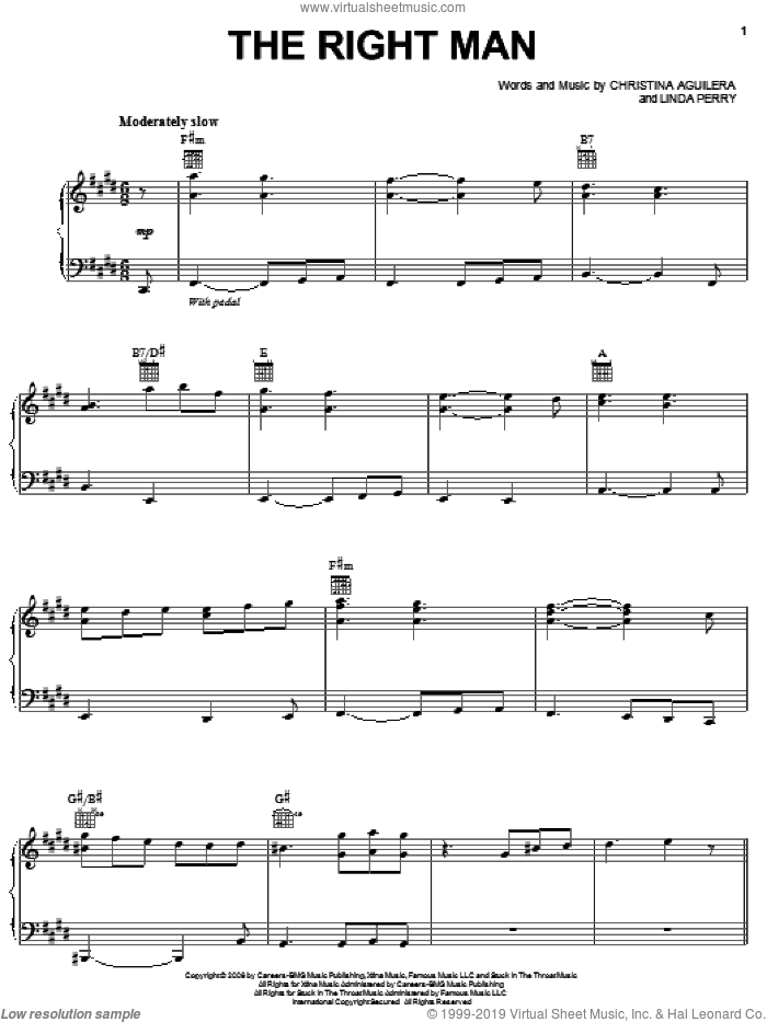 The Right Man sheet music for voice, piano or guitar by Christina Aguilera and Linda Perry, intermediate skill level