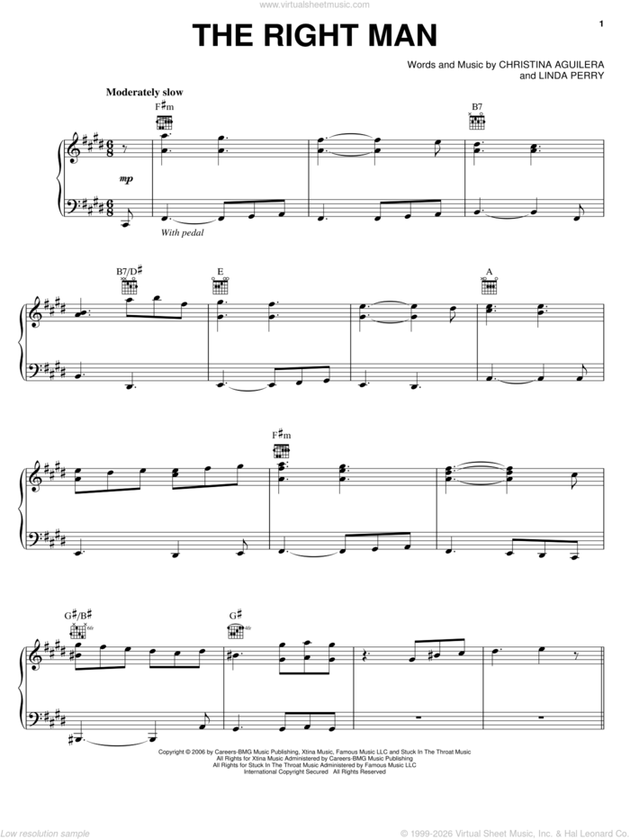 The Right Man sheet music for voice, piano or guitar by Christina Aguilera and Linda Perry, intermediate skill level
