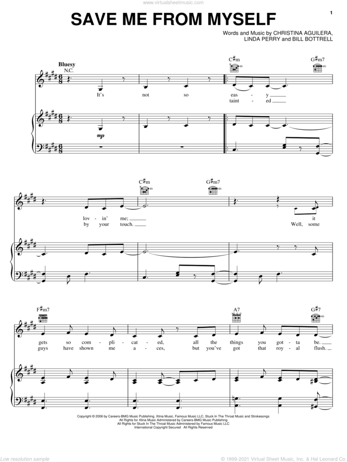 Save Me From Myself sheet music for voice, piano or guitar by Christina Aguilera, Bill Bottrell and Linda Perry, intermediate skill level