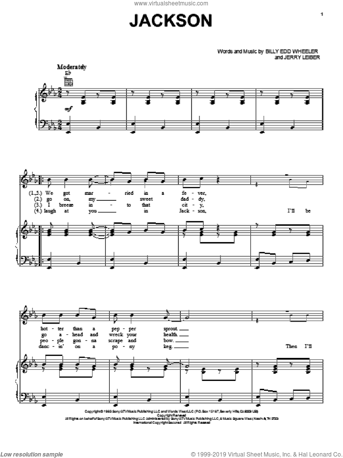 Jackson sheet music for voice, piano or guitar by Johnny Cash & June Carter, Johnny Cash, June Carter, Walk The Line (Movie), Billy Edd Wheeler and Jerry Leiber, intermediate skill level