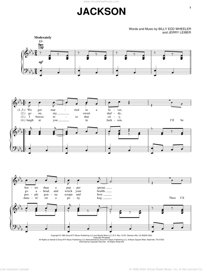 Jackson sheet music for voice, piano or guitar by Johnny Cash & June Carter, Johnny Cash, June Carter, Walk The Line (Movie), Billy Edd Wheeler and Jerry Leiber, intermediate skill level