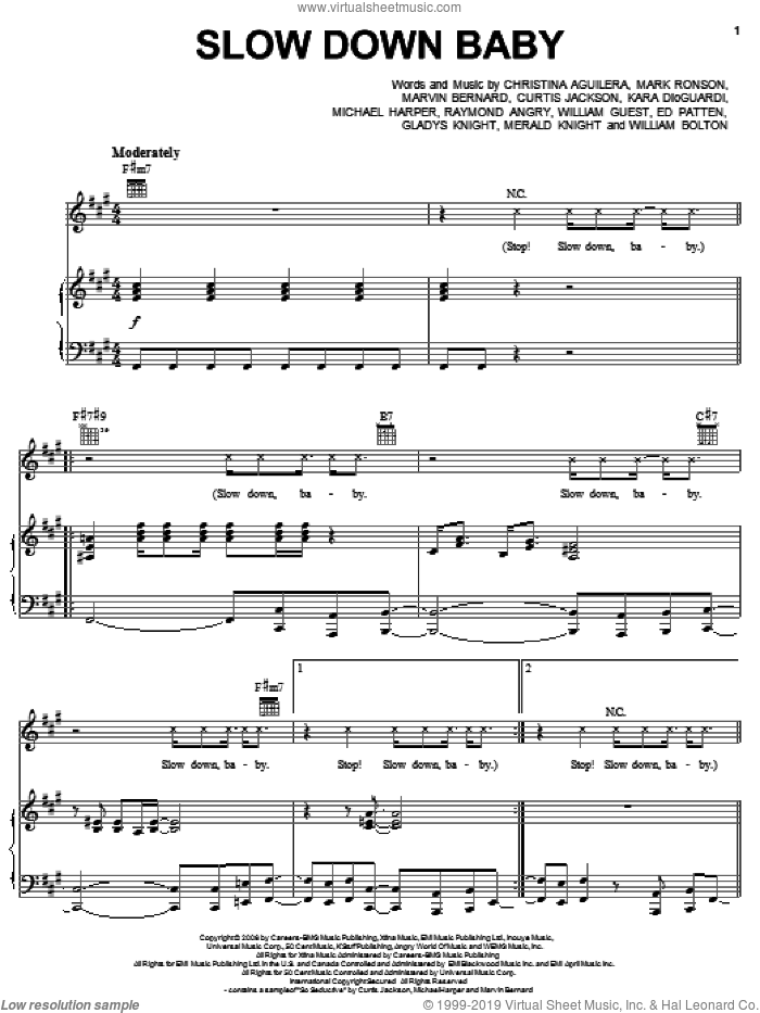 Slow Down Baby sheet music for voice, piano or guitar by Christina Aguilera, Curtis Jackson, Ed Patten, Gladys Knight, Kara DioGuardi, Mark Ronson, Marvin Bernard, Merald Knight, Michael Harper, Raymond Angry, William Bolton and William Guest, intermediate skill level