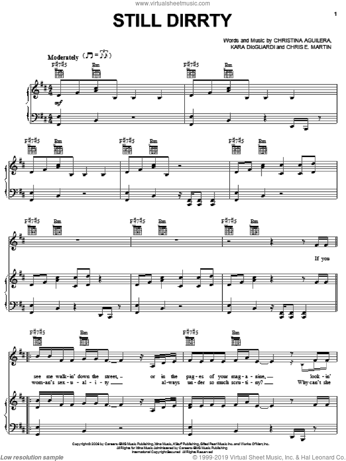 Still Dirrty sheet music for voice, piano or guitar by Christina Aguilera, Chris E. Martin and Kara DioGuardi, intermediate skill level