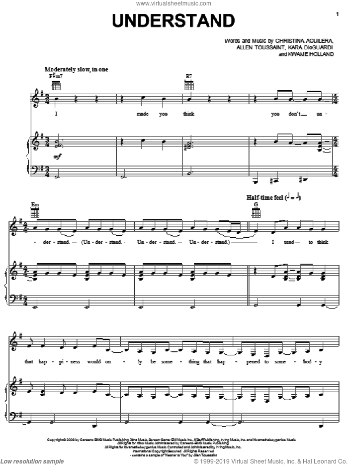 Understand sheet music for voice, piano or guitar by Christina Aguilera, Allen Toussaint, Kara DioGuardi and Kwame Holland, intermediate skill level