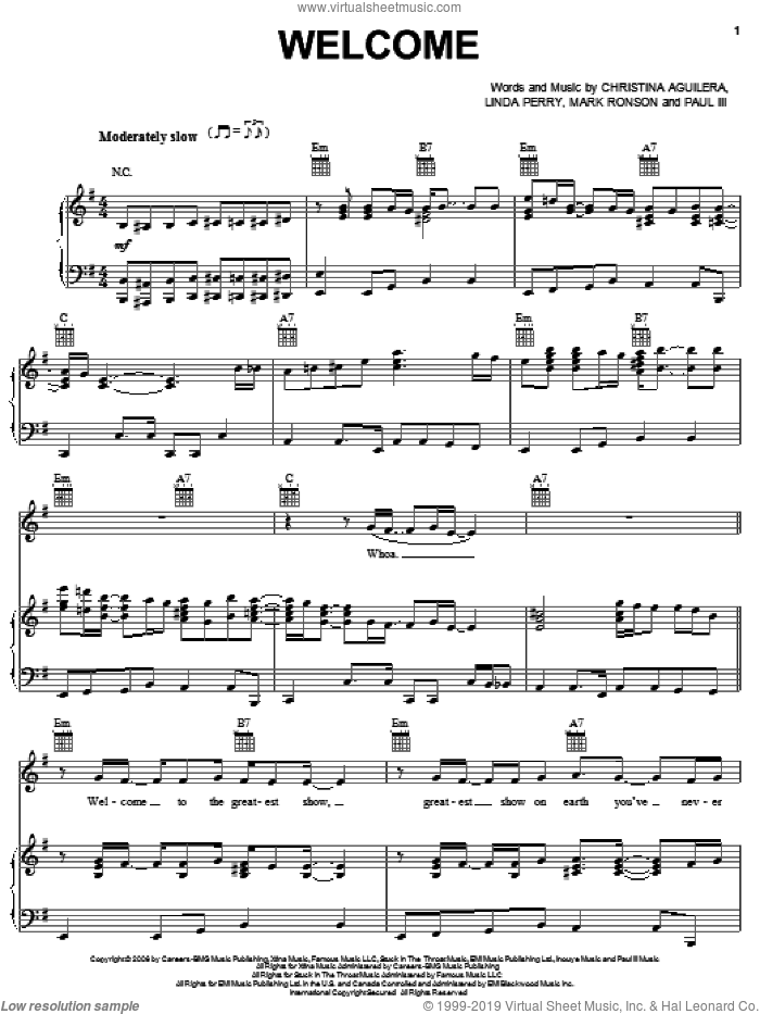 Welcome sheet music for voice, piano or guitar by Christina Aguilera, III Paul, Linda Perry and Mark Ronson, intermediate skill level