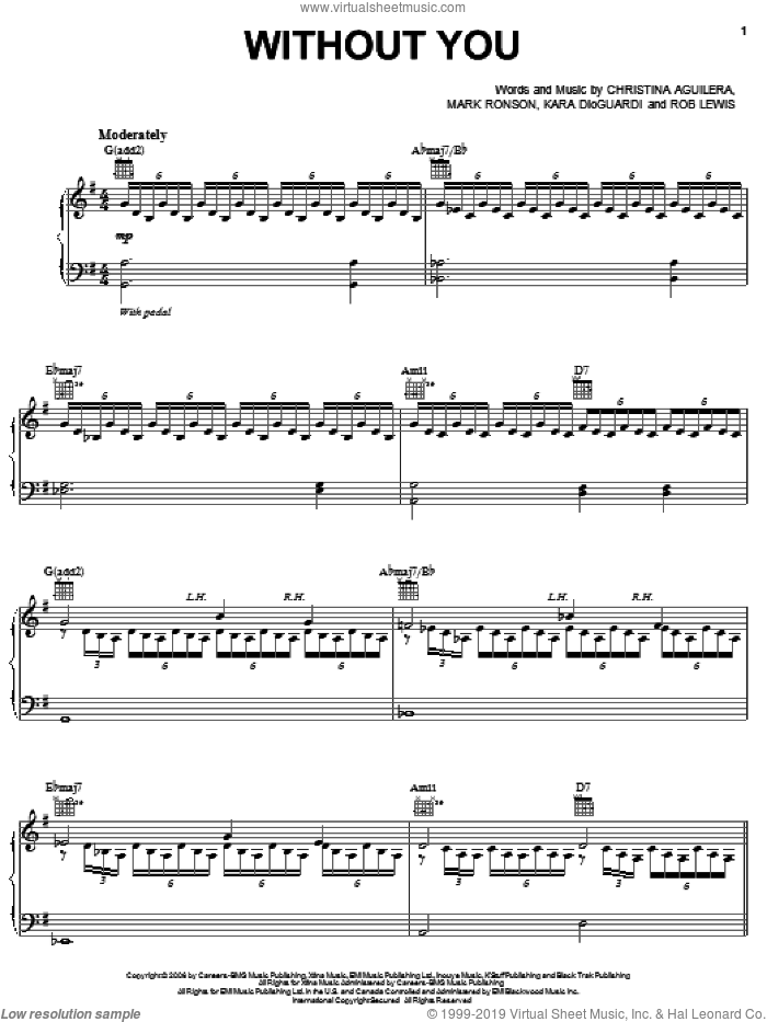 Without You sheet music for voice, piano or guitar by Christina Aguilera, Kara DioGuardi, Mark Ronson and Rob Lewis, intermediate skill level