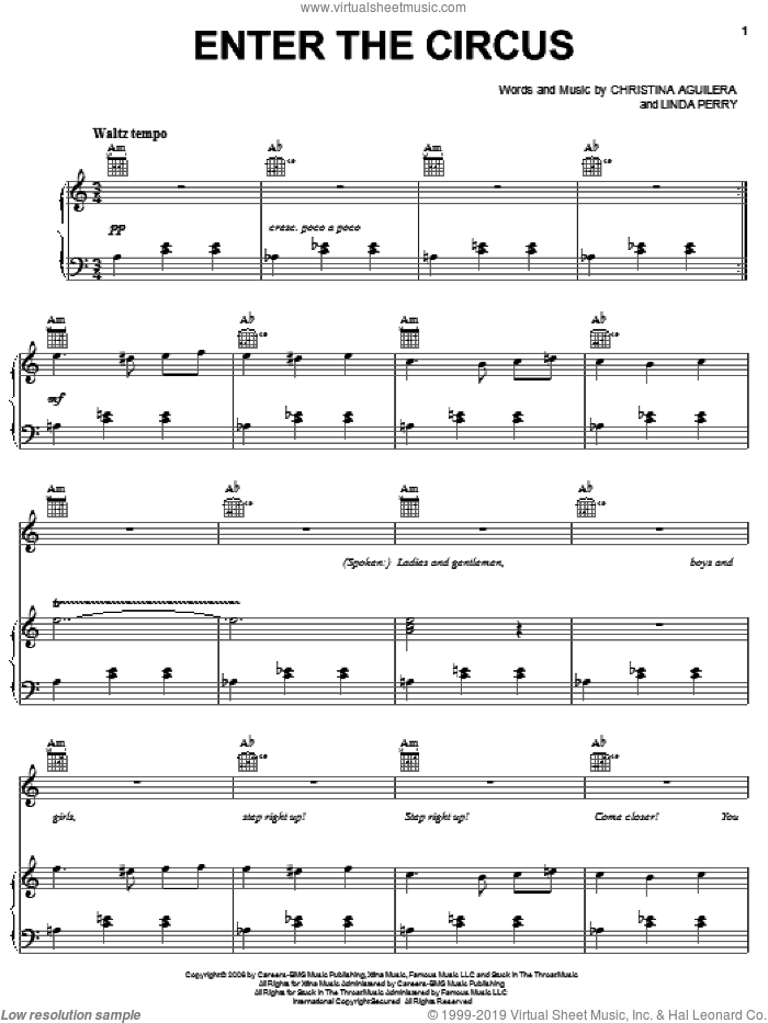 Enter The Circus sheet music for voice, piano or guitar by Christina Aguilera and Linda Perry, intermediate skill level