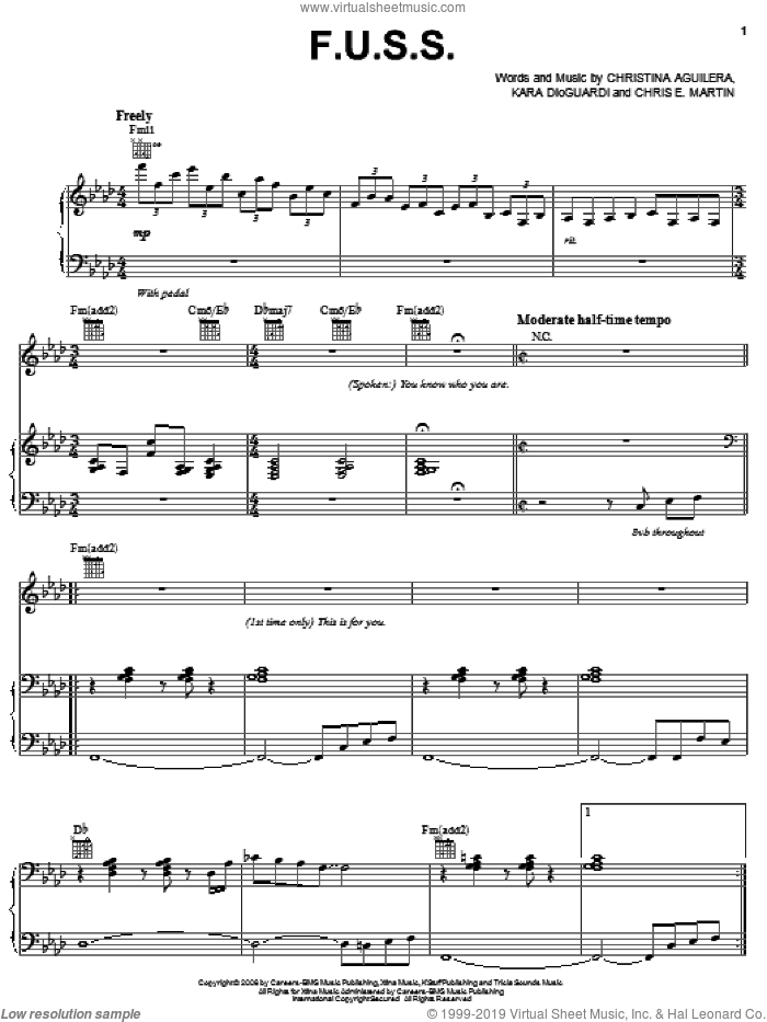 F.U.S.S. sheet music for voice, piano or guitar by Christina Aguilera, Chris E. Martin and Kara DioGuardi, intermediate skill level