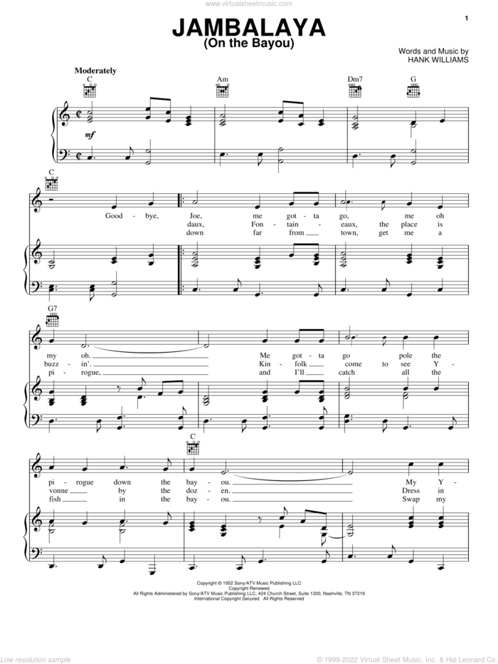 Jambalaya (On The Bayou) sheet music for voice, piano or guitar by Hank Williams, intermediate skill level