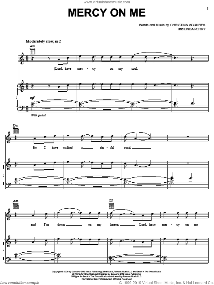 Mercy On Me sheet music for voice, piano or guitar by Christina Aguilera and Linda Perry, intermediate skill level