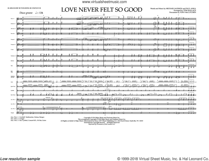 Love Never Felt So Good (COMPLETE) sheet music for marching band by Paul Anka, Michael Jackson & Justin Timberlake and Tom Wallace, intermediate skill level