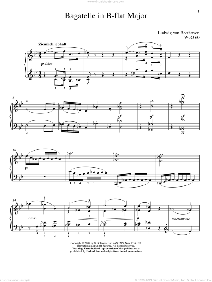 Bagatelle In B-flat Major, WoO 60 sheet music for piano solo by Ludwig van Beethoven and Matthew Edwards, classical score, intermediate skill level