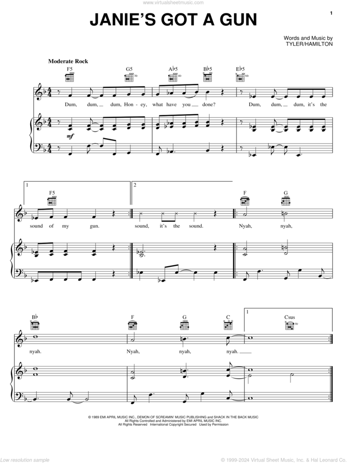 Janie's Got A Gun sheet music for voice, piano or guitar by Aerosmith, Steven Tyler and Tom Hamilton, intermediate skill level