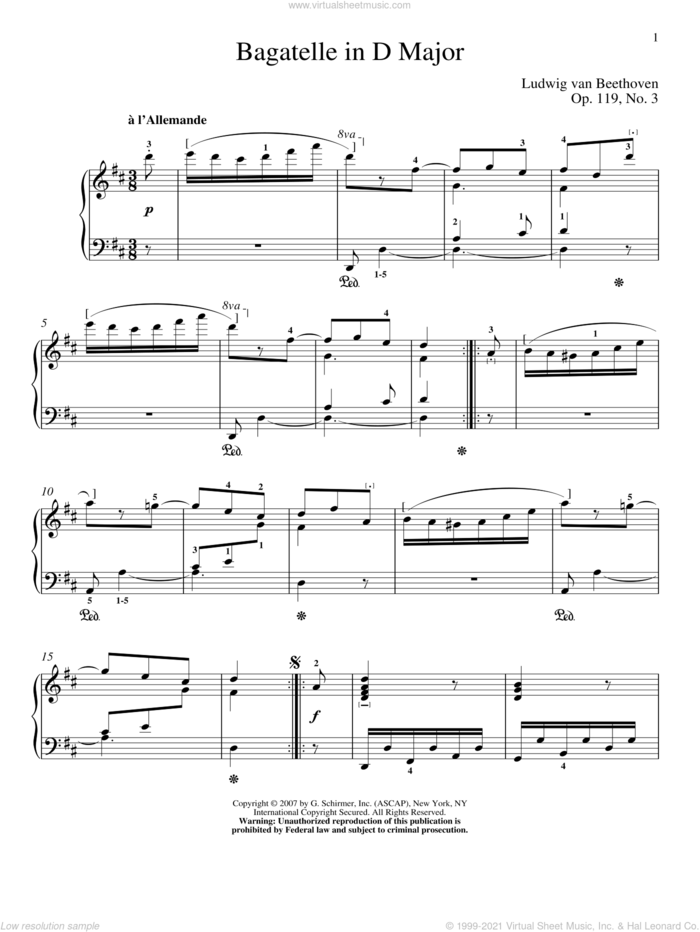 Bagatelle In D Major, Op. 119, No. 3 sheet music for piano solo by Ludwig van Beethoven and Matthew Edwards, classical score, intermediate skill level